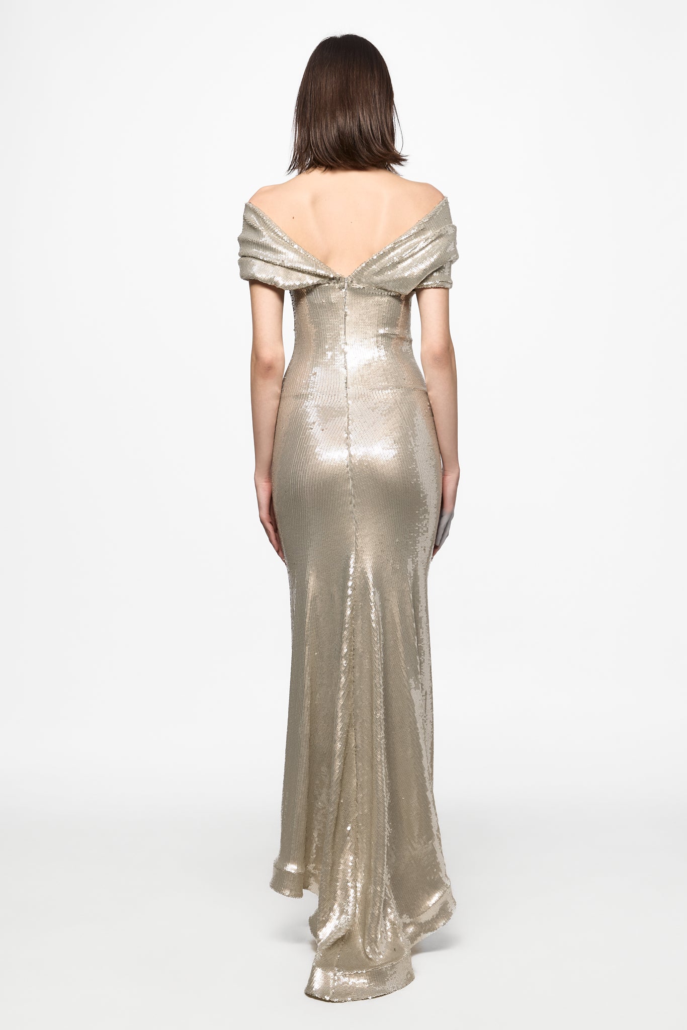 ATU Body Couture Sequins and Feathers Silver off shoulder sequin gown robe S