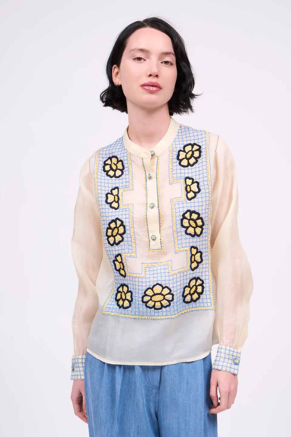 Paul & Joe Sicile Chemisier organza soie beige clair brodé