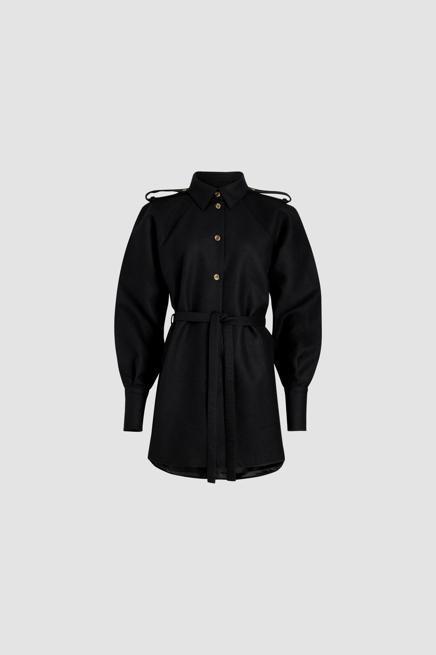 Patou DR153 robe chemise mini noire laine ceinture