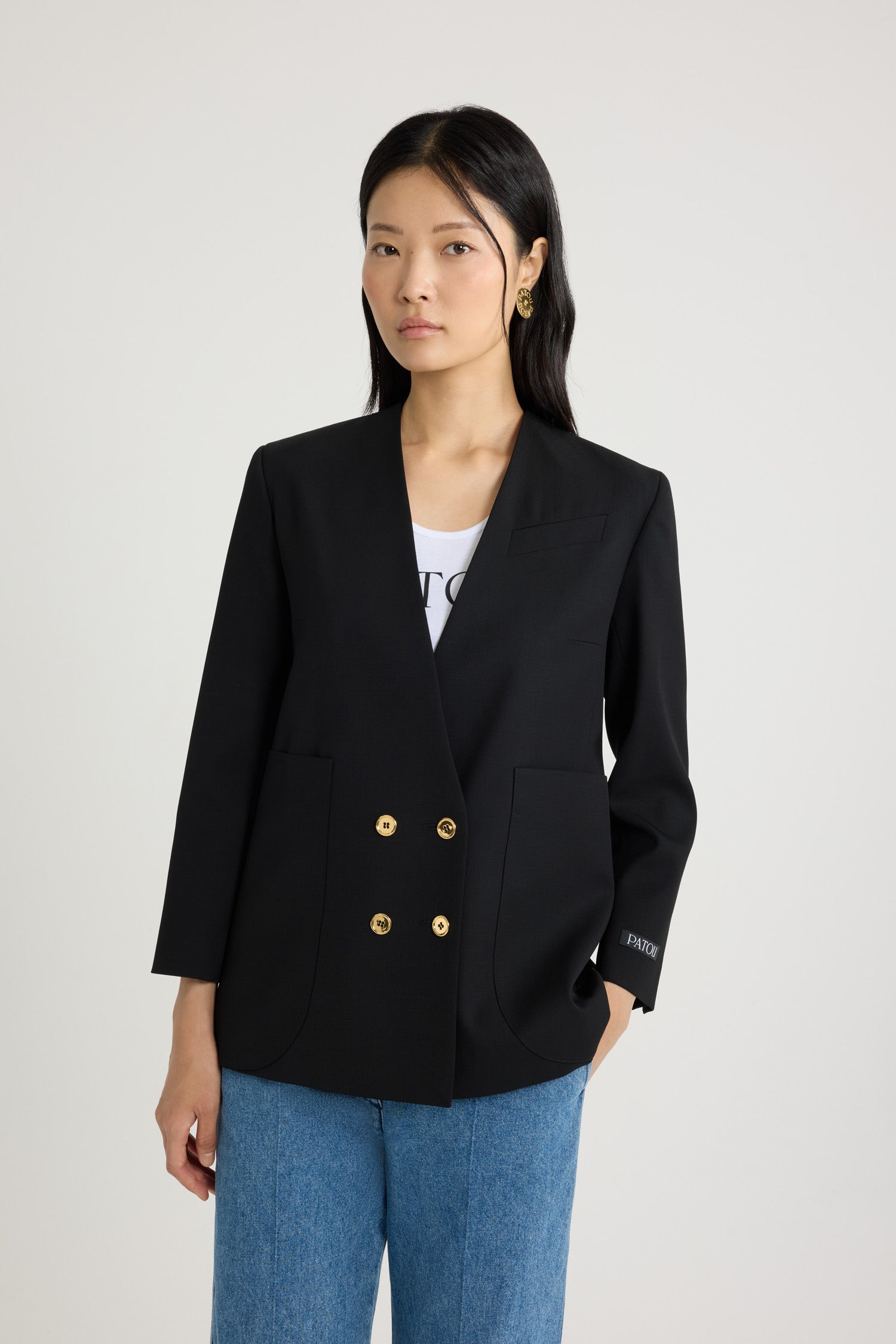 Patou P23JA0020103999B veste croisee laine tech Noir