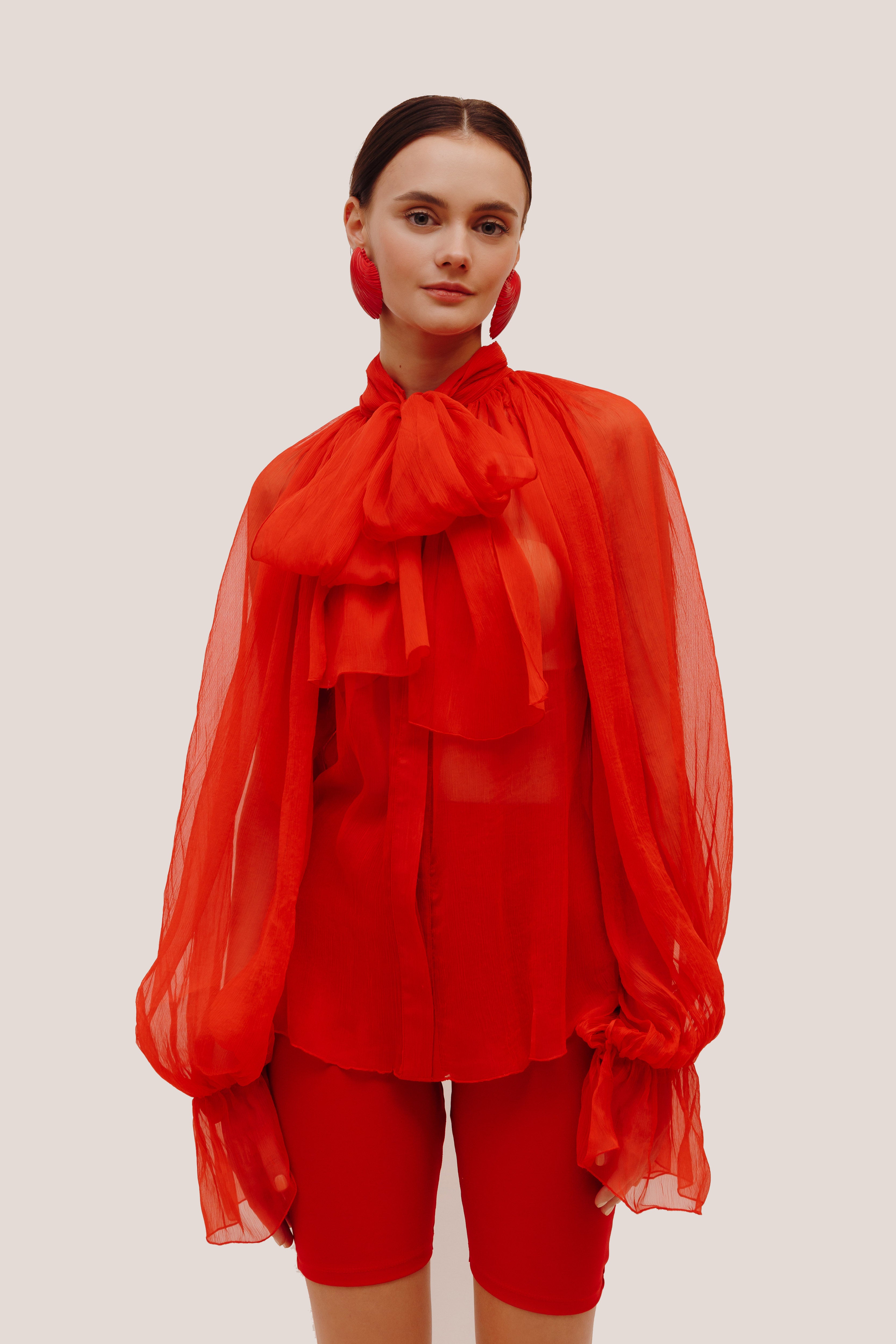 ATU Body Couture SILK Red Silk Chiffon Shirt chemise rouge S