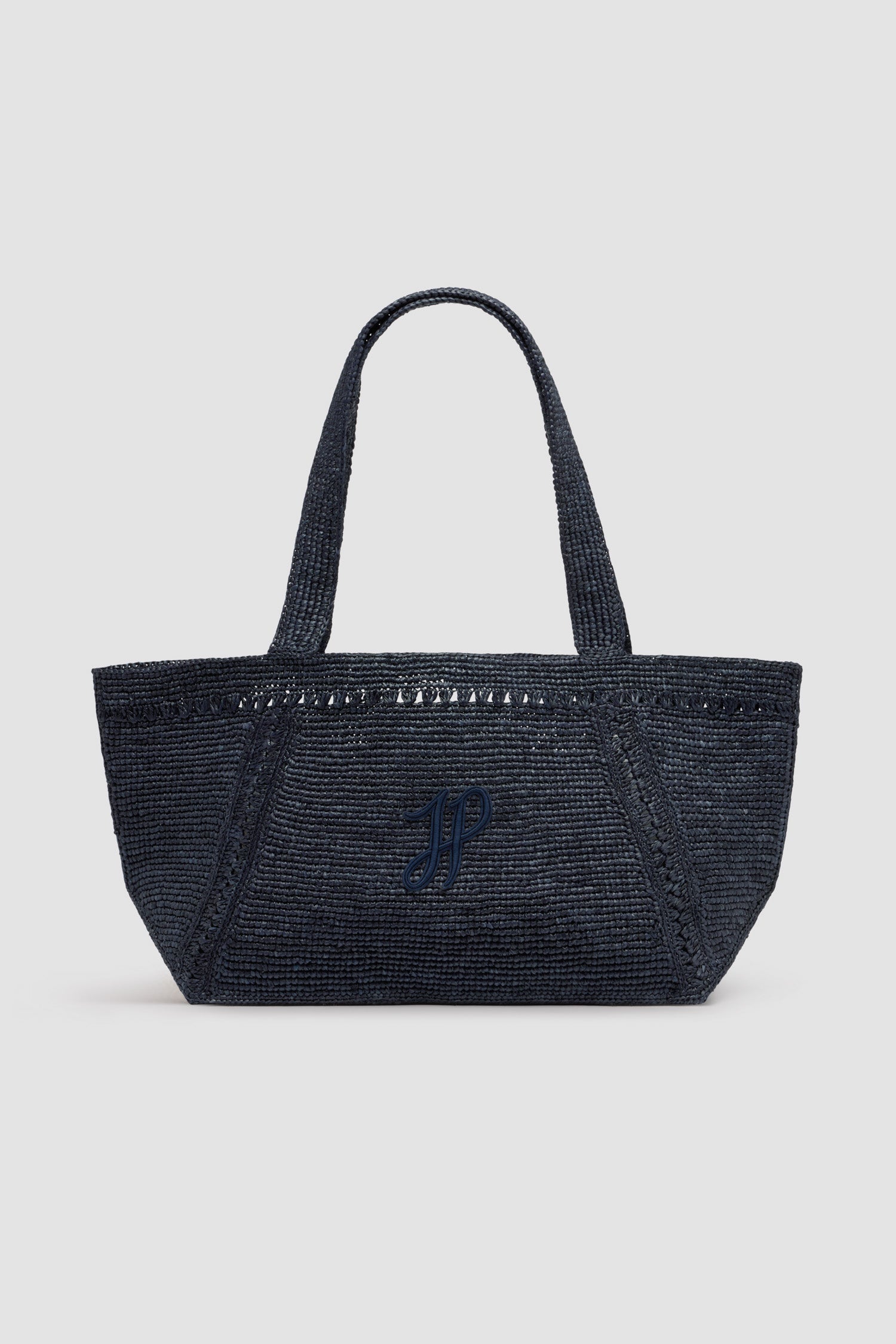 Patou AC092 grand cabas tote trapèze raffia bleu marine