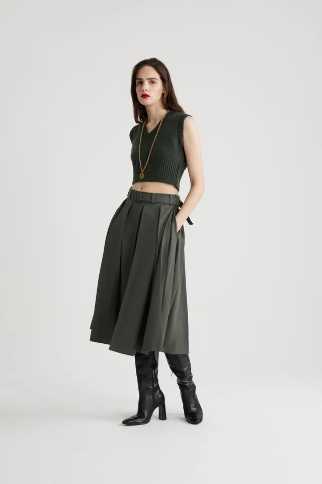 Patou Skirts SK070 jupe midi kaki plissée ceinture