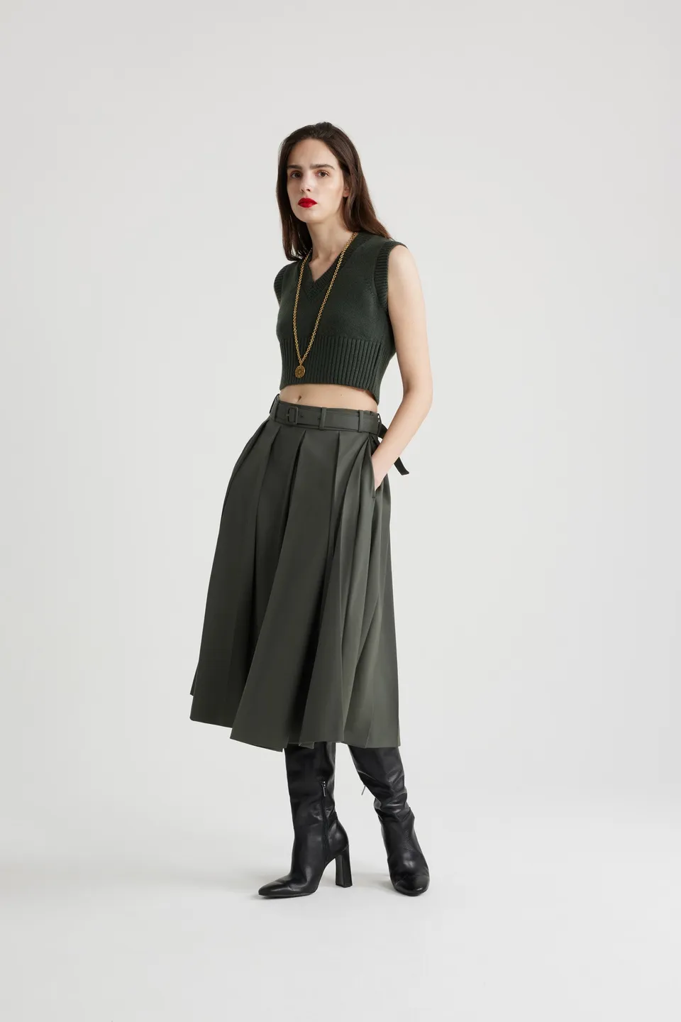 Patou Skirts SK070 jupe midi kaki plissée ceinture