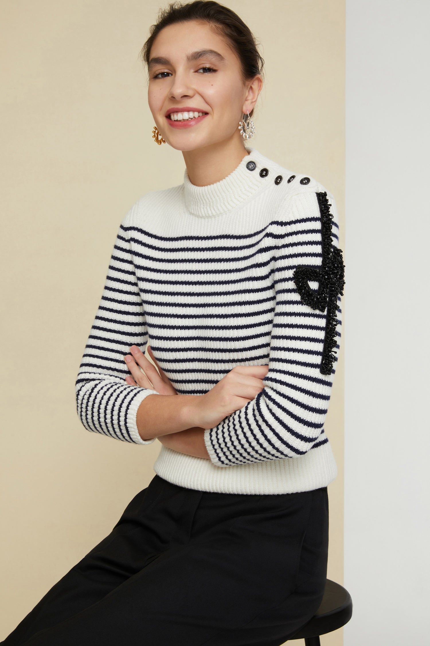 Patou KN003 pull breton laine agneau perles Cream