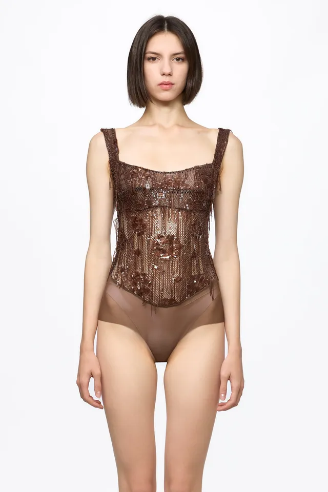 ATU Body Couture Bodysuits Body Corset Sequins Marron S