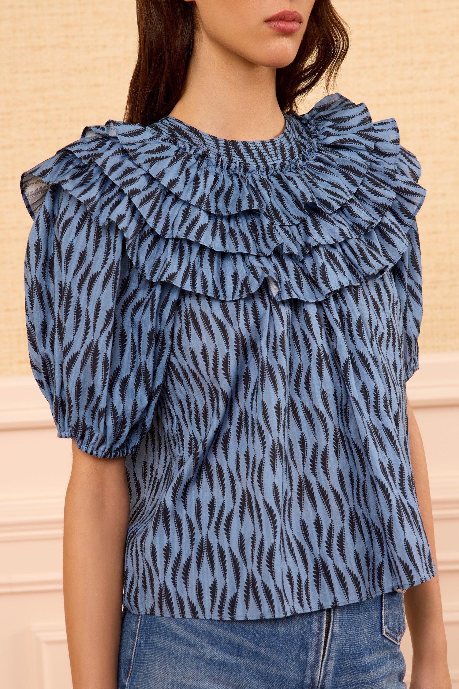 Ulla Johnson Mira haut coton bleu Tidal manches bouffantes