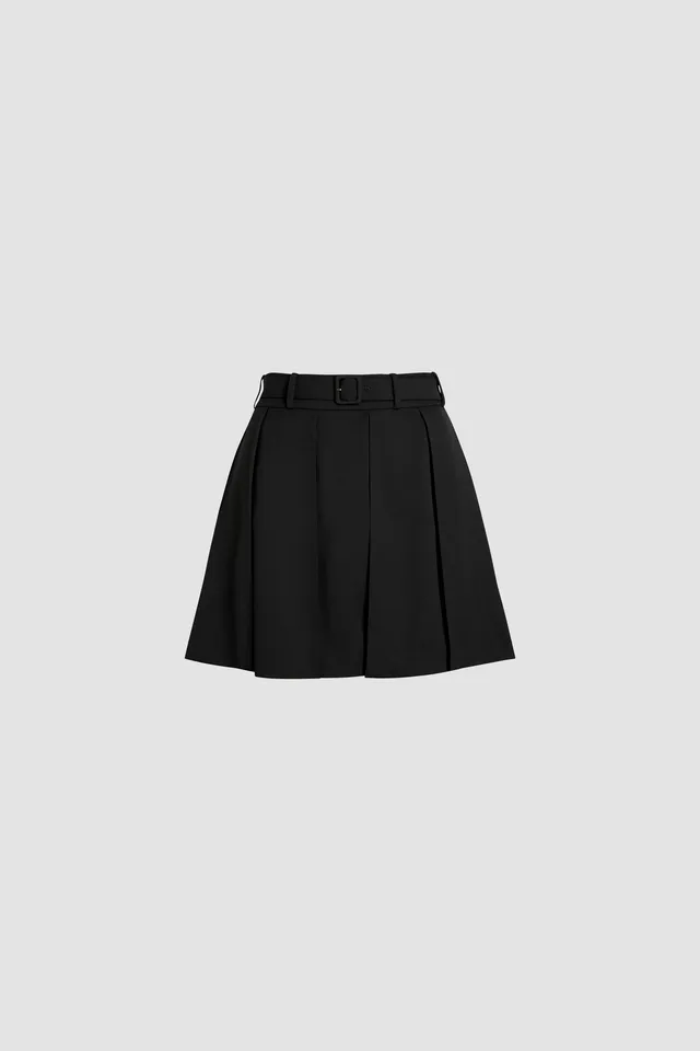 Patou SK071 mini jupe plissée laine noire ceinture