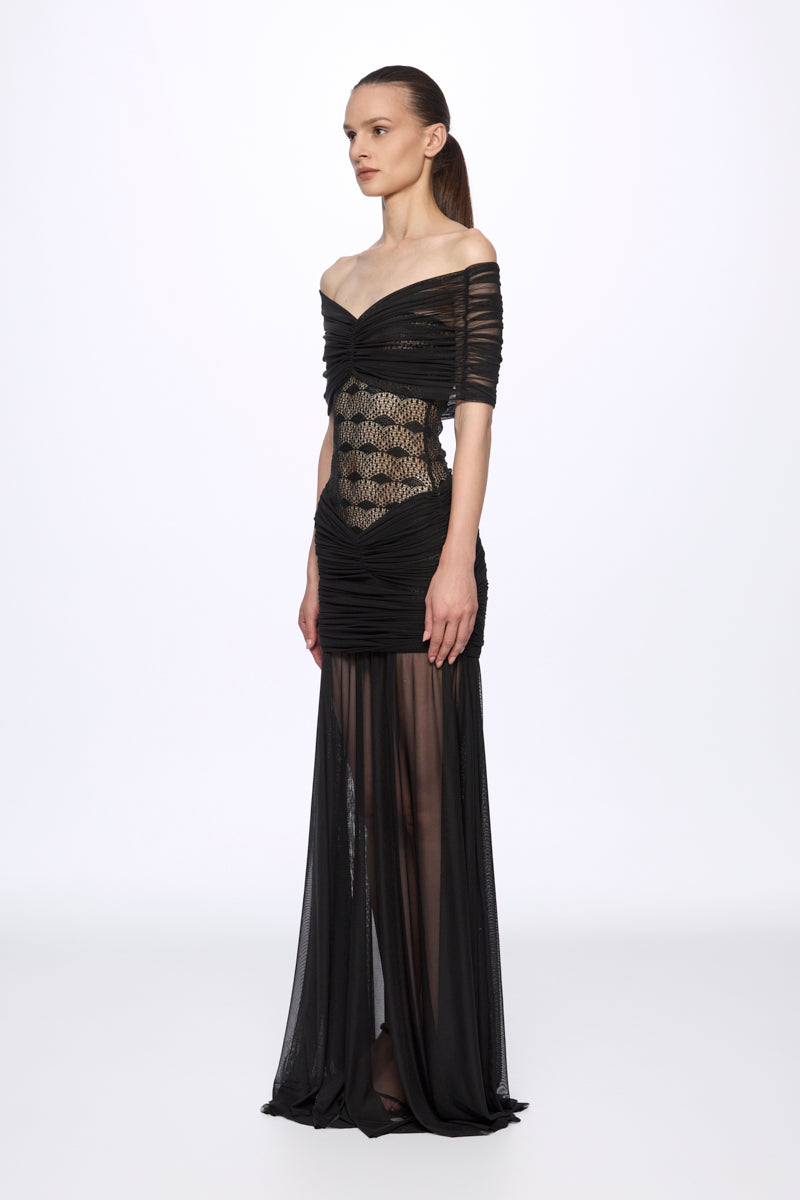 ATU Body Couture Long robe maxi noir dentelle épaules nues S