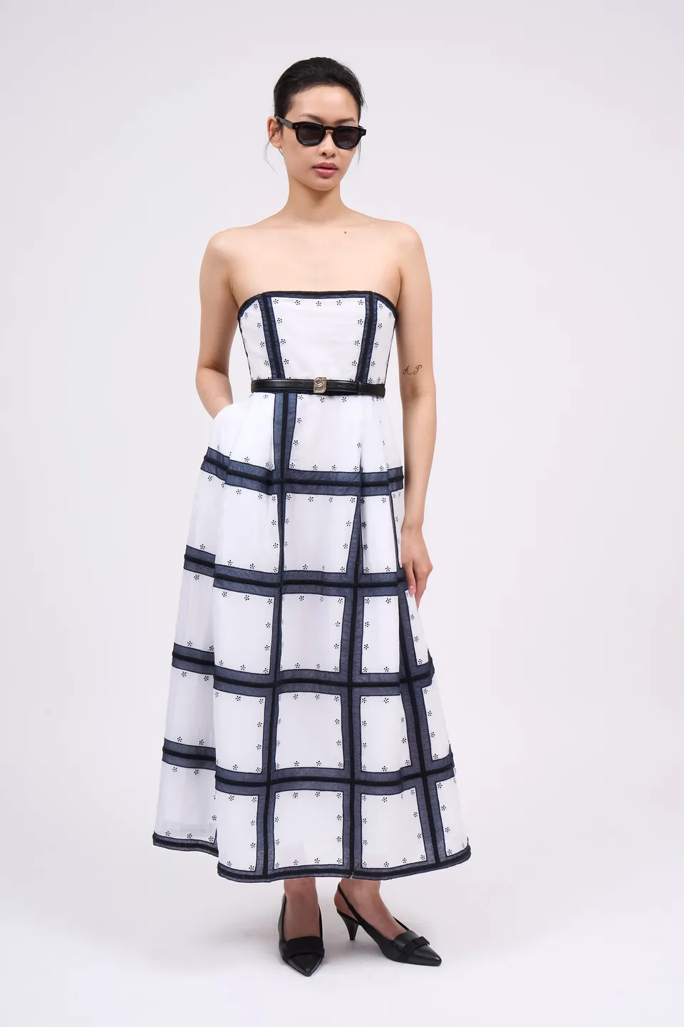 Paul & Joe Rivage robe bustier coton blanc marine midi