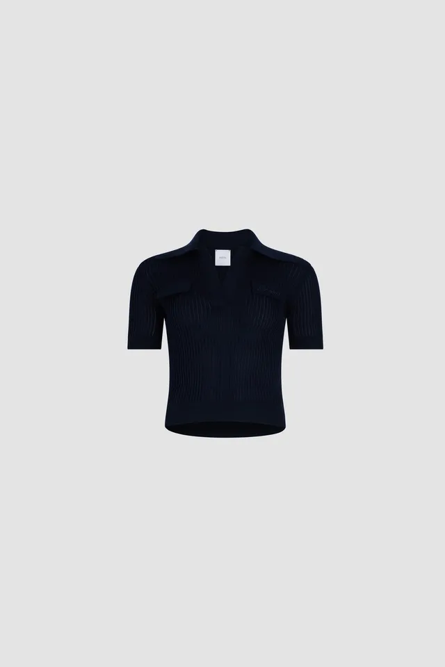 Patou KN229 top polo maille côtelée coton navy black