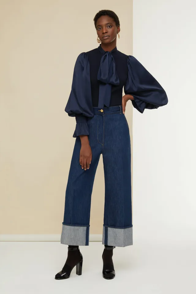 Patou BL014 blouse satin laine Marine manches bouffantes