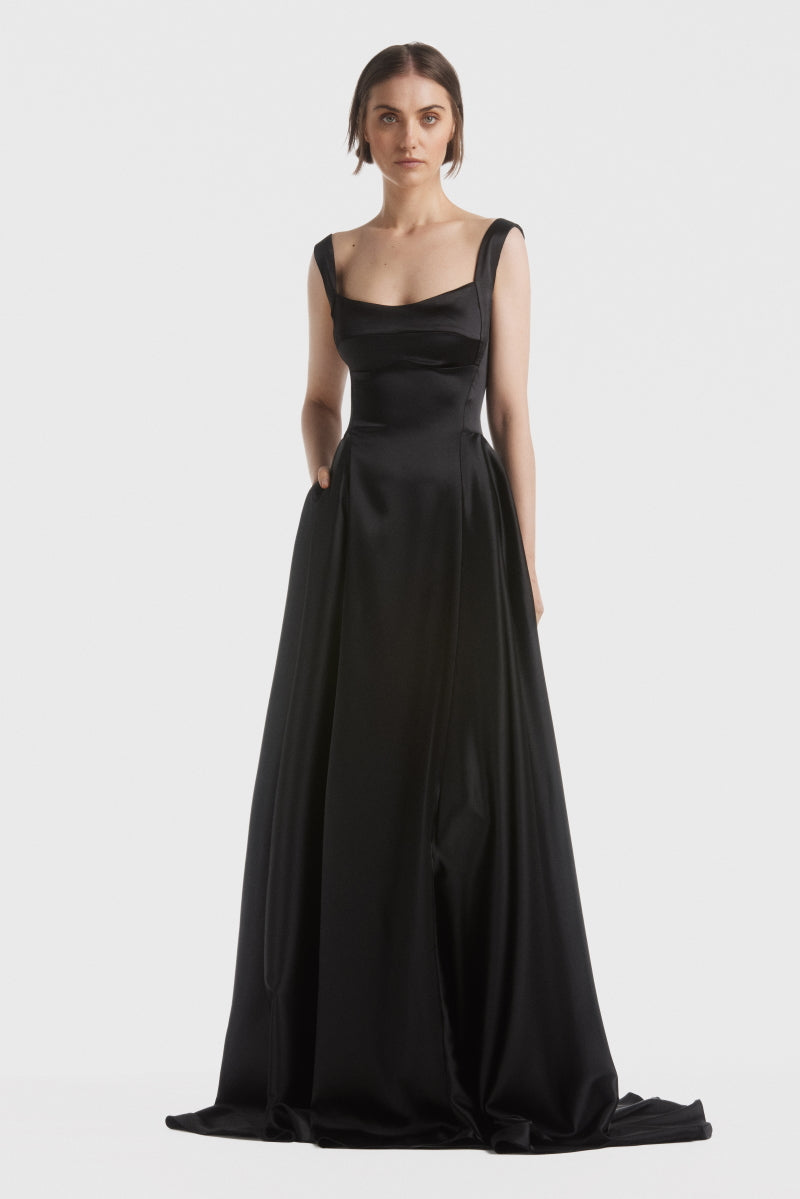 ATU Body Couture Black Satin Finish Gown robe longue satin noir