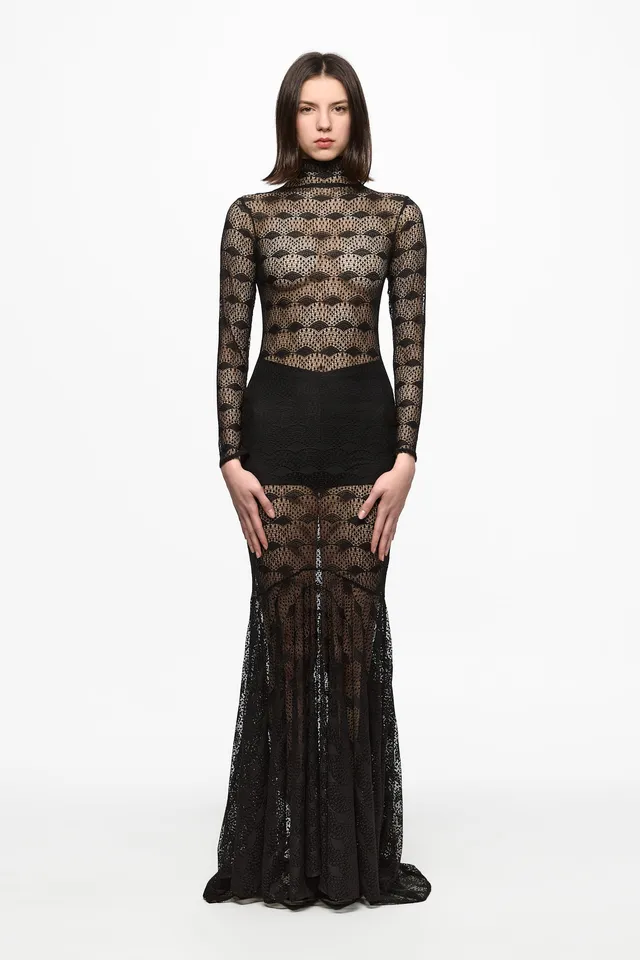 ATU Body Couture Black Lace Mermaid robe maxi dentelle noire