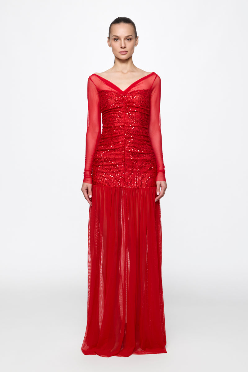 ATU Body Couture Sequins and Feathers Ruched Tulle Gown robe rouge S