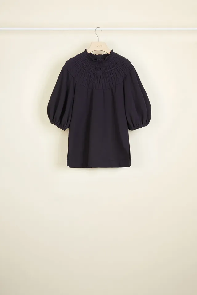 Patou P20JE0049995601N sweatshirt coton bleu marine col smocké