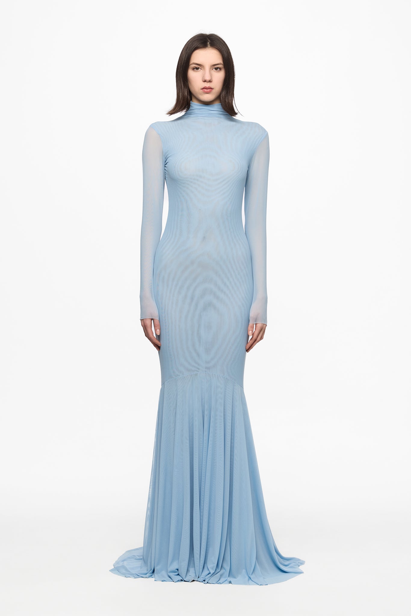 ATU Body Couture robe sirène mesh bleu ciel manches longues S
