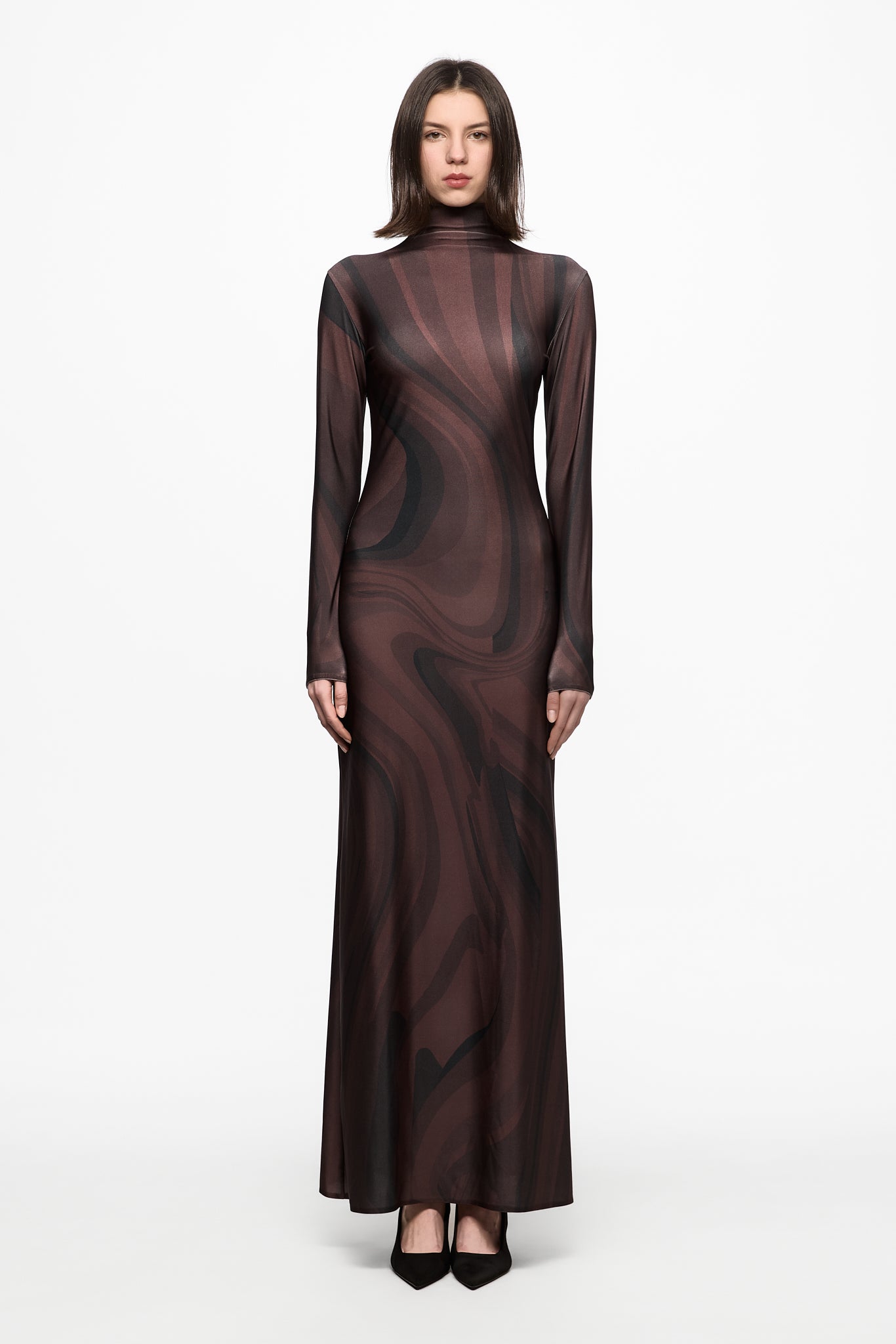 ATU Body Couture Roll-Neck Chocolate Print robe marron maxi