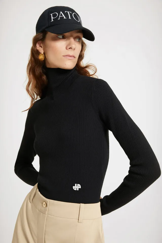 Patou KN058 pull maille côtelée col montant noir