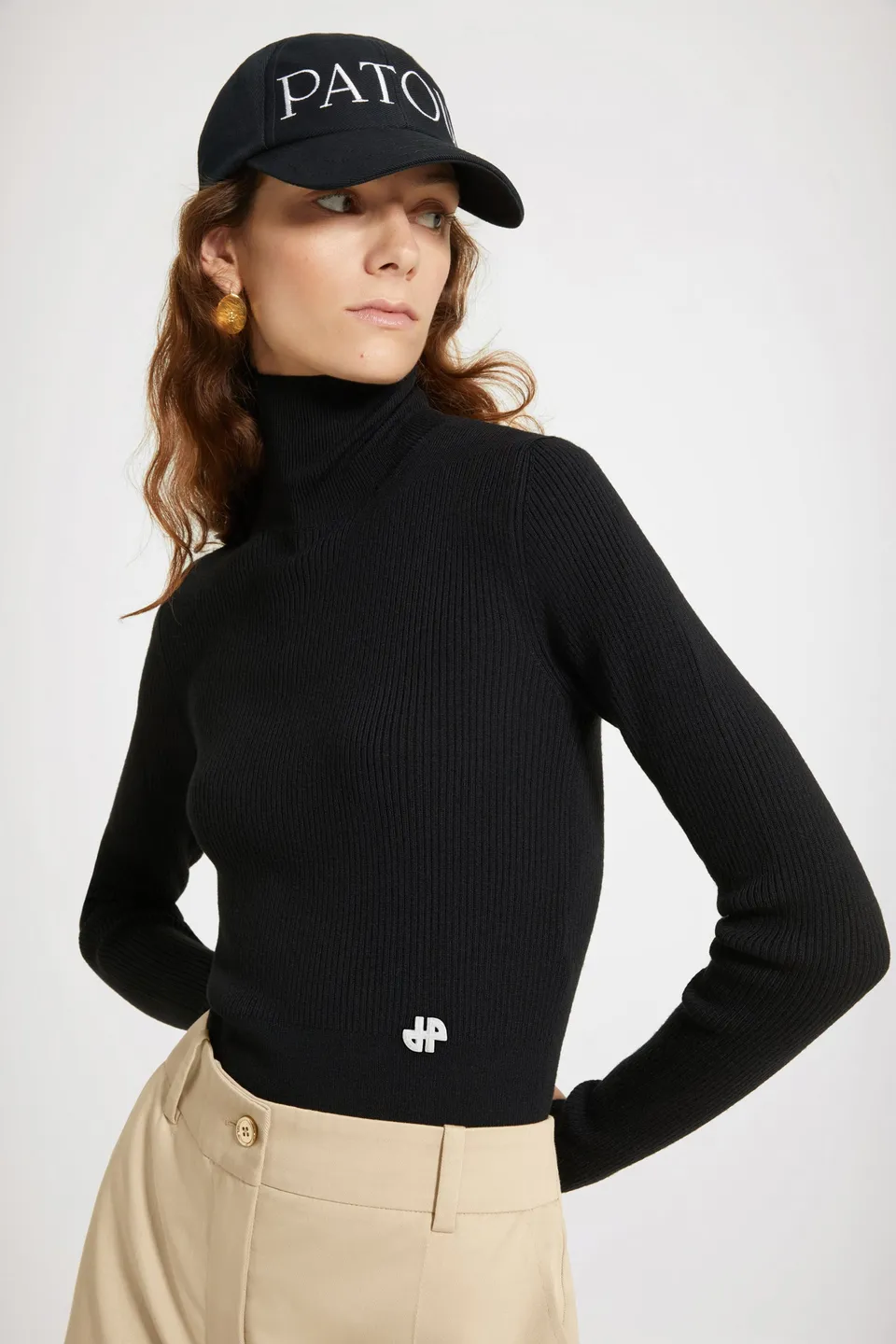 Patou KN058 pull maille côtelée col montant noir
