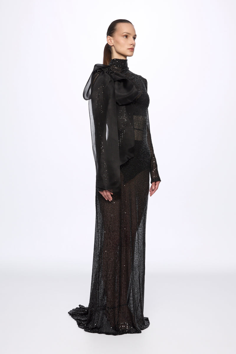 ATU Body Couture robe sequins noire midi nœud soie S