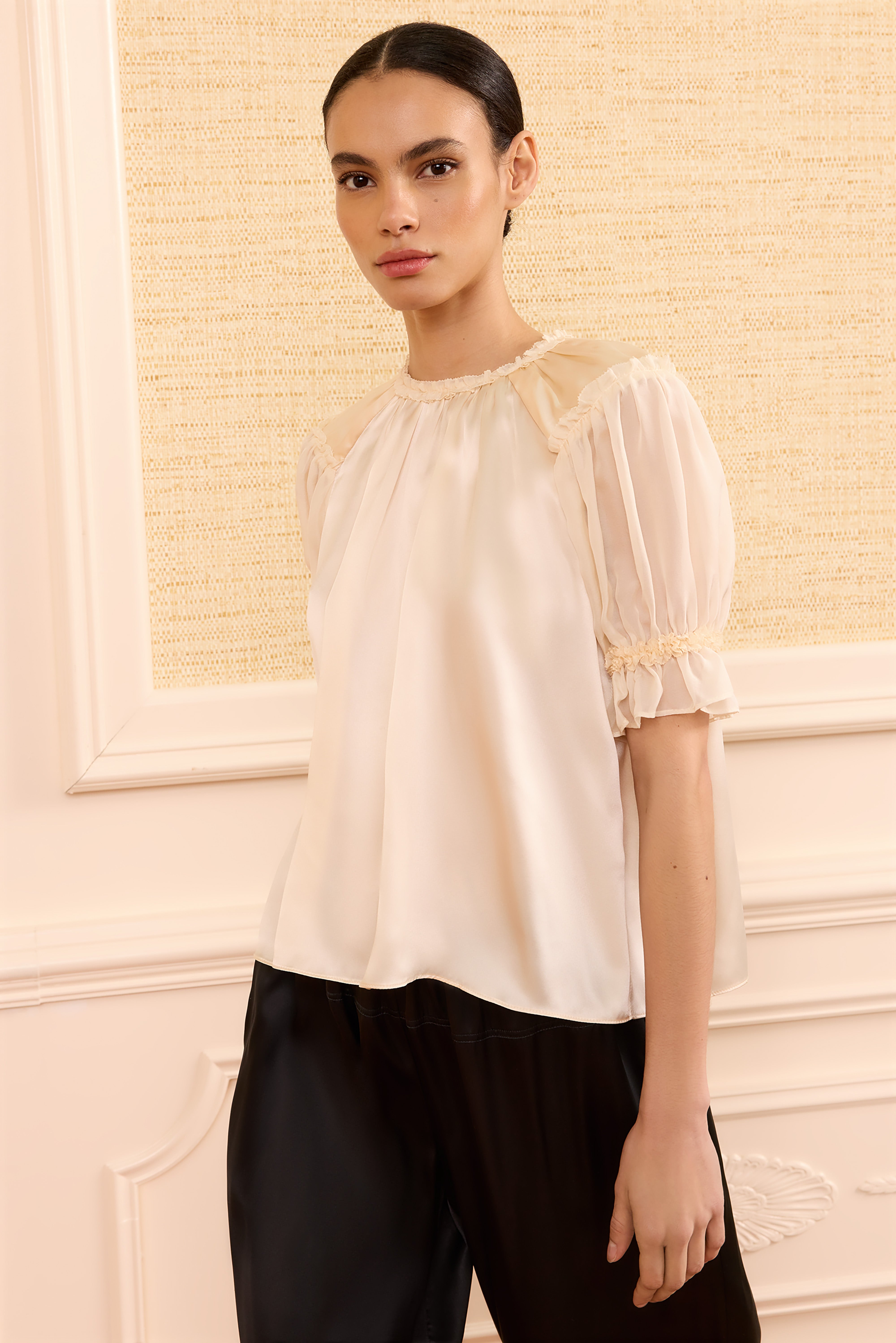 Ulla Johnson Alina top soie Ivory manches bouffantes