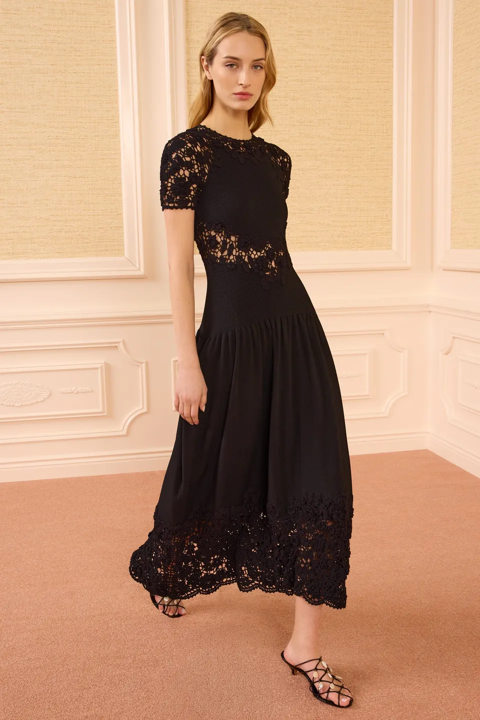Ulla Johnson Sabrina Robe Crochet Noir Midi Évasée