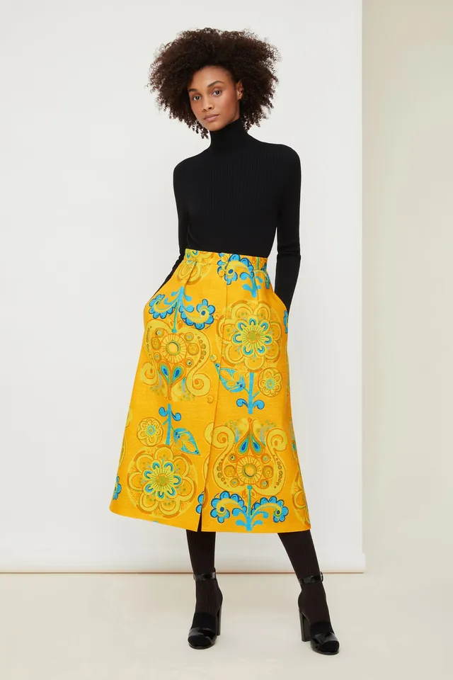 Patou SK020 jupe midi tweed bio Honey Flower boutonnée