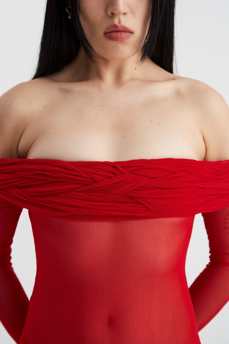ATU Body Couture Tangled Sheer robe longue tulle rouge tressée