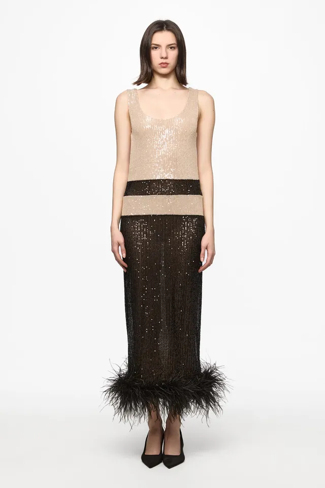 ATU Body Couture Sequins robe midi noir sequins plumes taille S