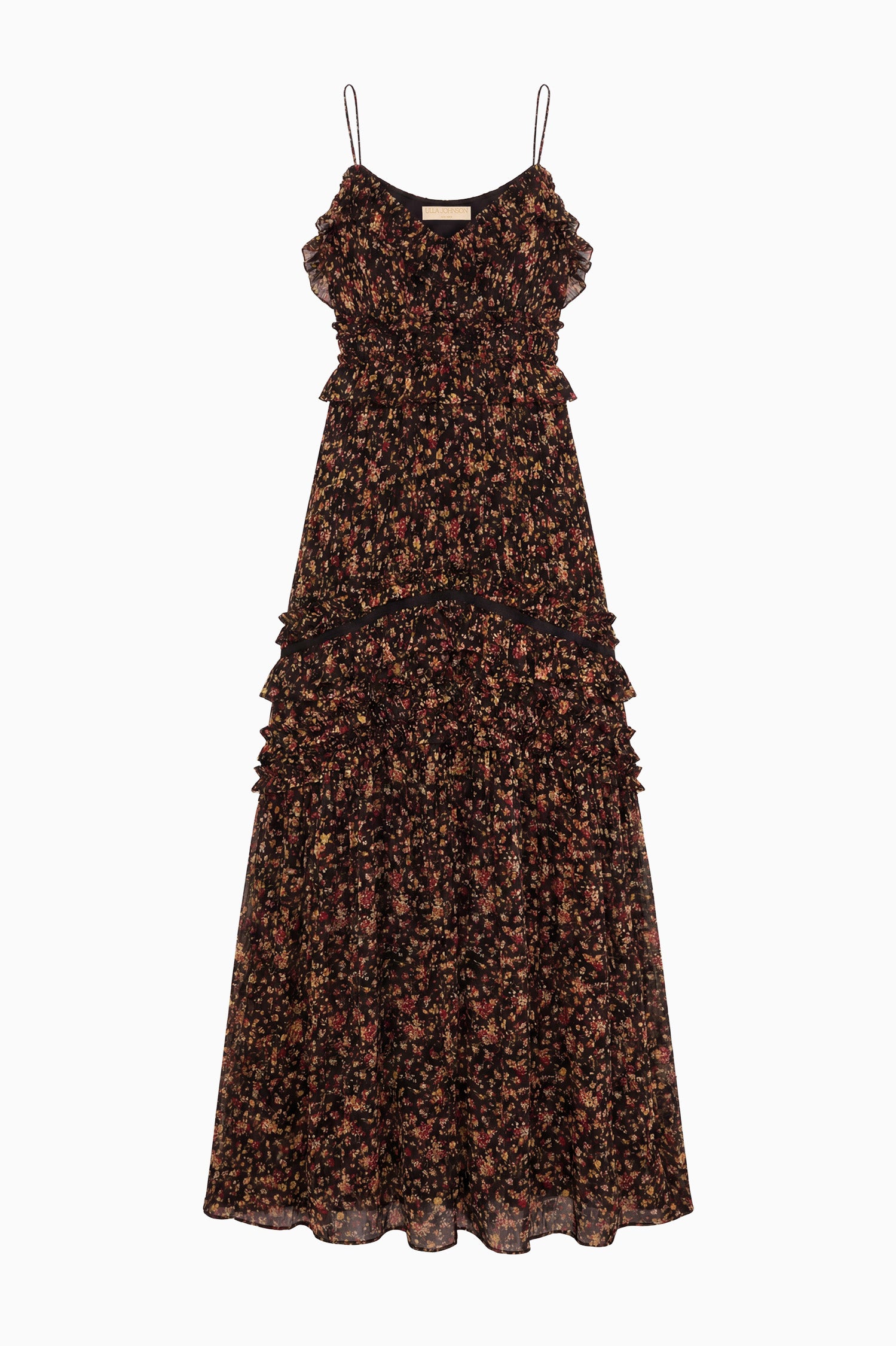Ulla Johnson Dorothea Robe Longue Soie Noir Mille Fleur Volants