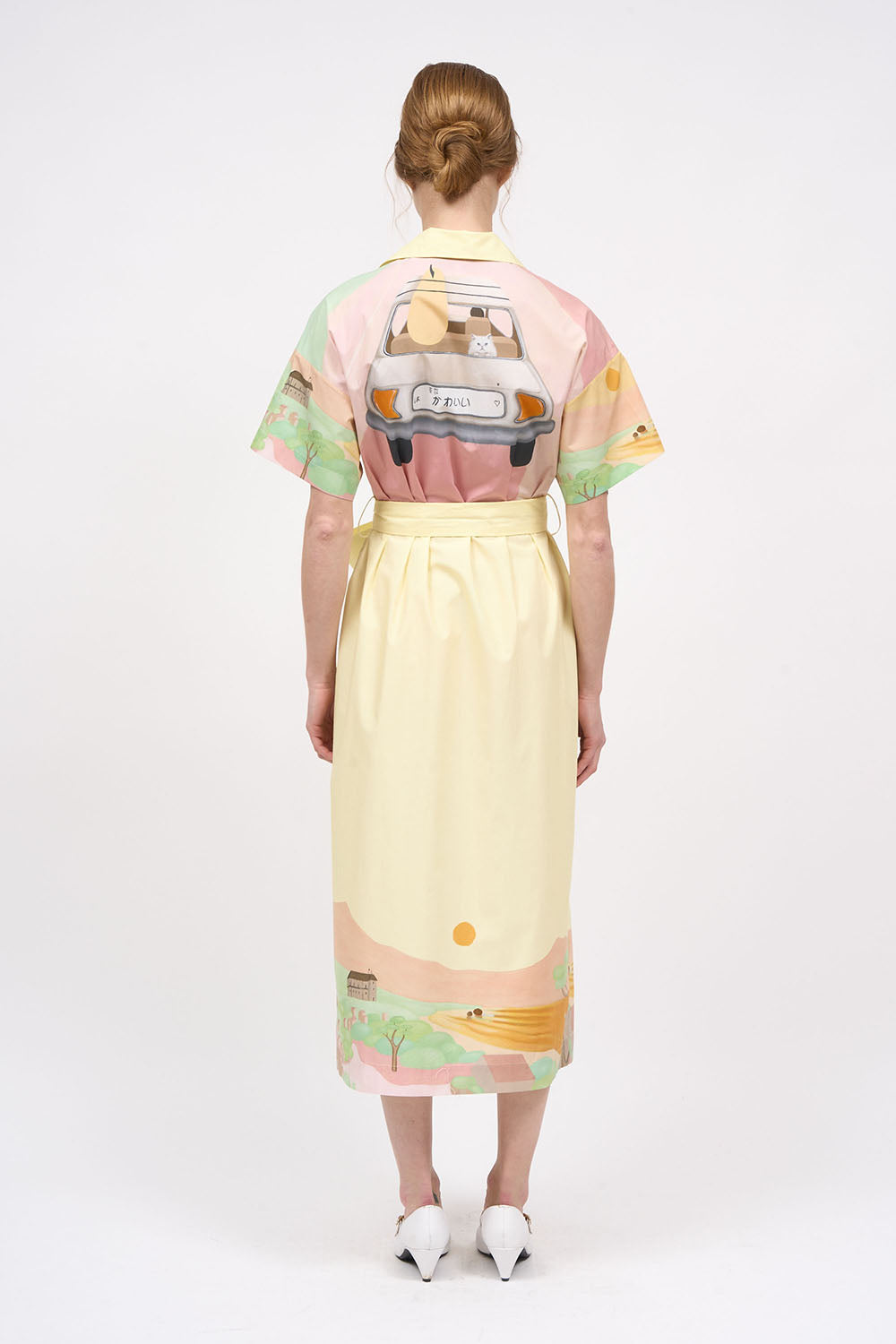 Paul & Joe Robe chemisier coton jaune imprimé chats midi