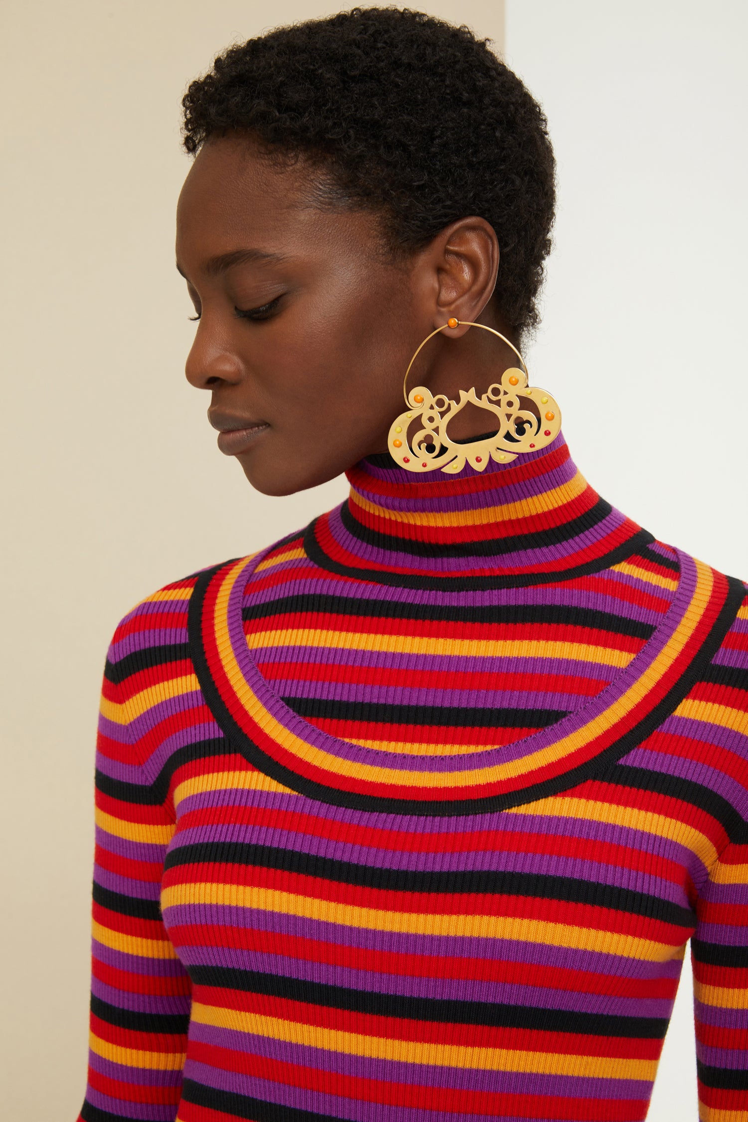 Patou pull col montant maille rayé fuchsia XS-XL