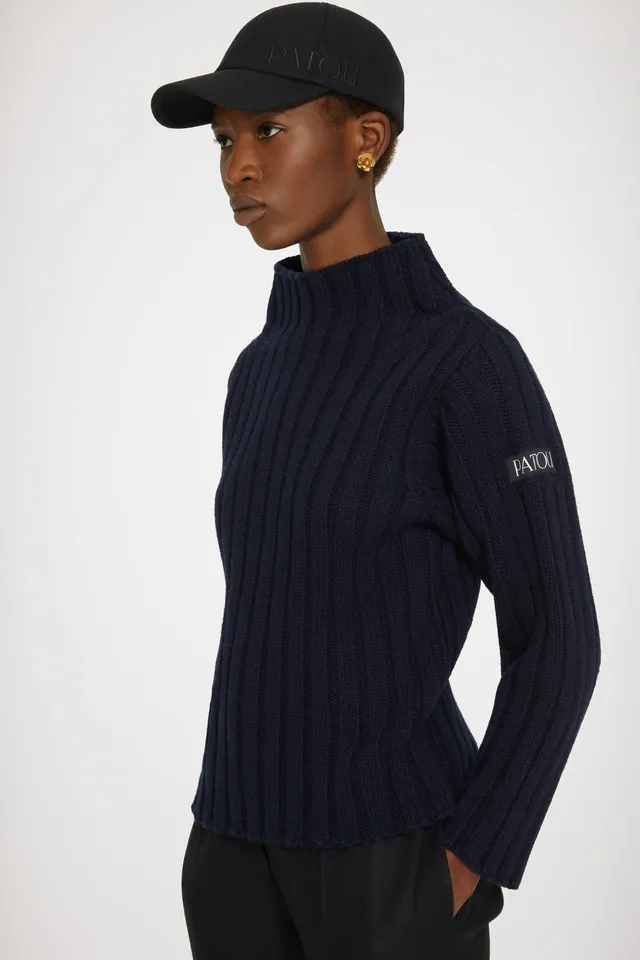 Patou pull maille côtelée laine cachemire bleu Navy