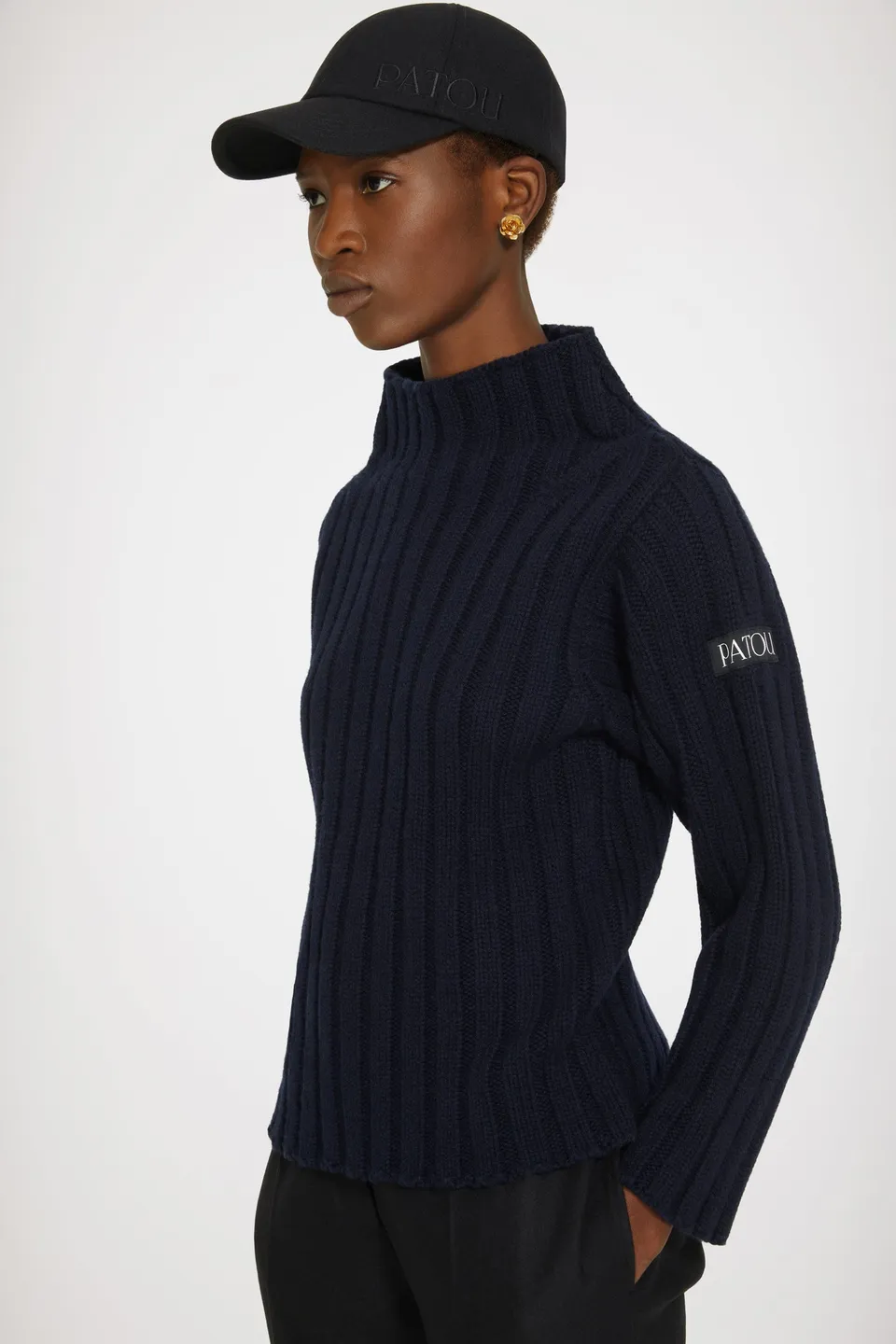 Patou pull maille côtelée laine cachemire bleu Navy