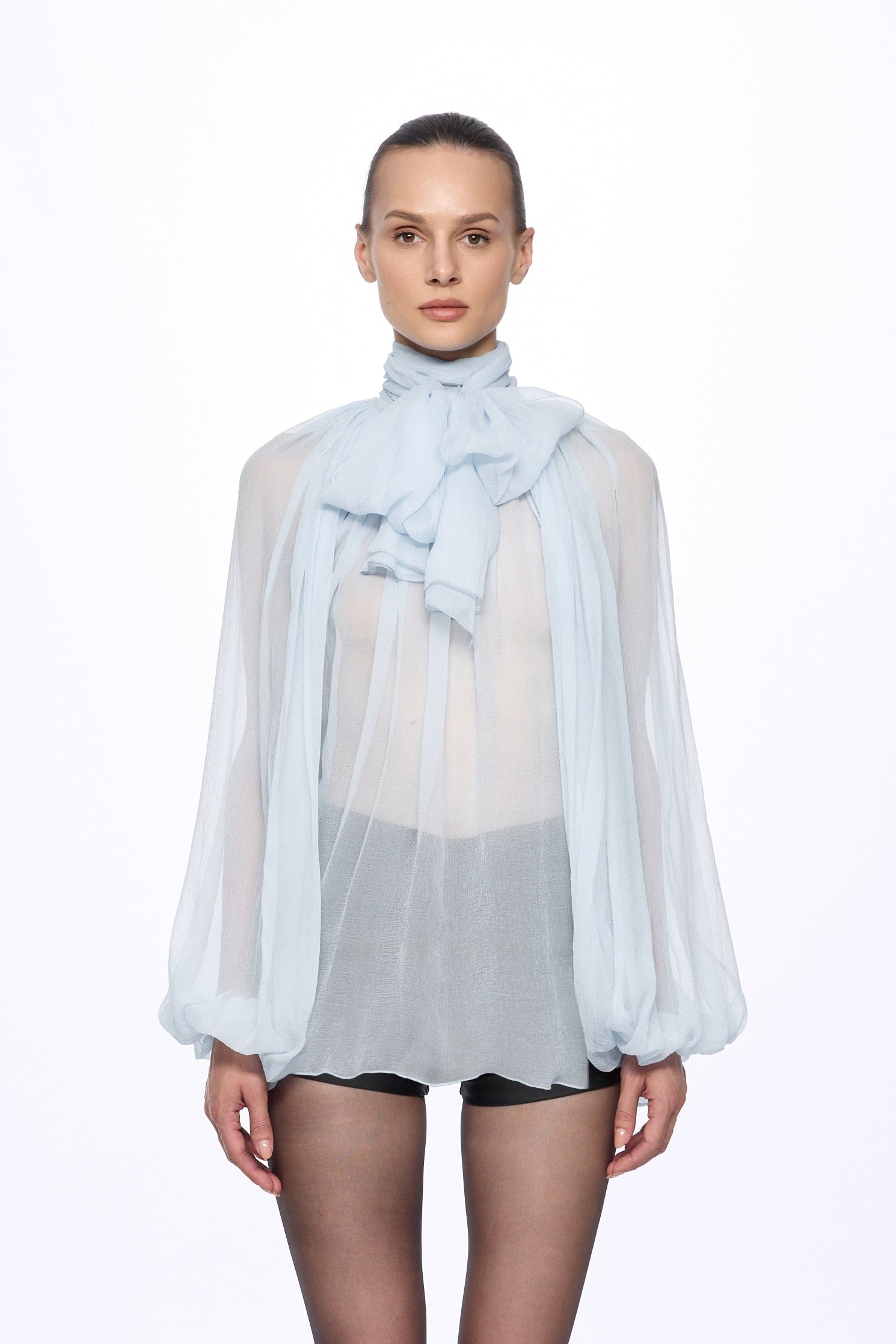 ATU Body Couture Silk chemisier soie bleue foulard S