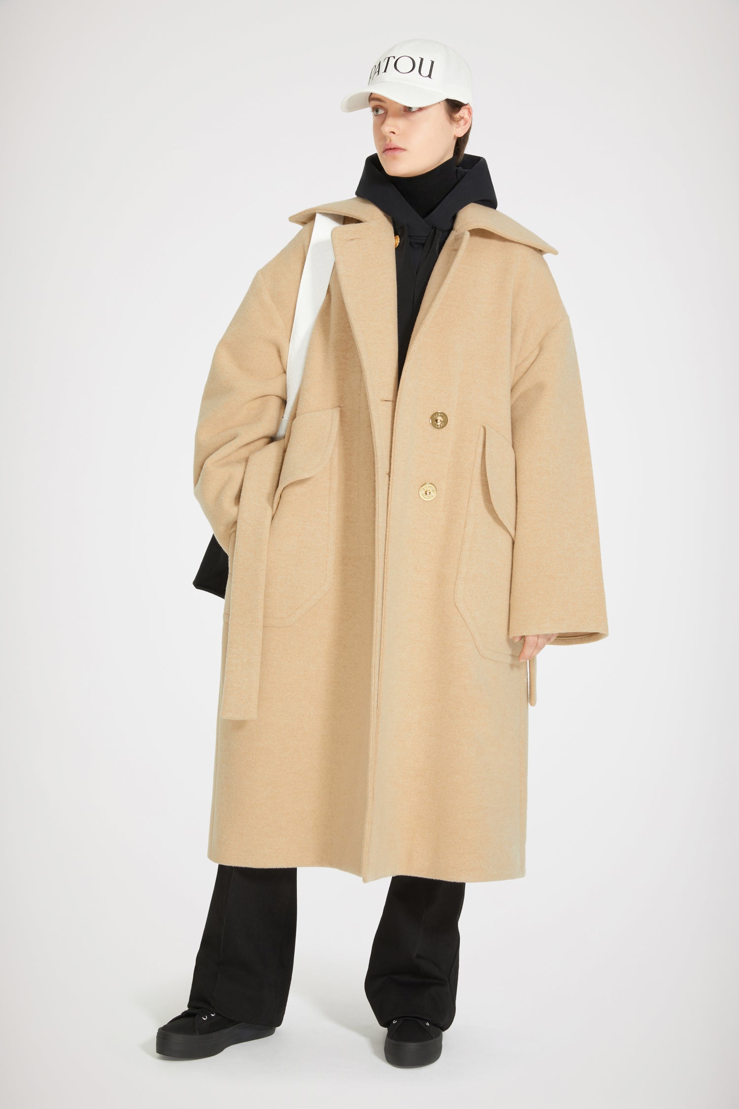 Patou CO013 manteau maxi laine double-face Biscuit