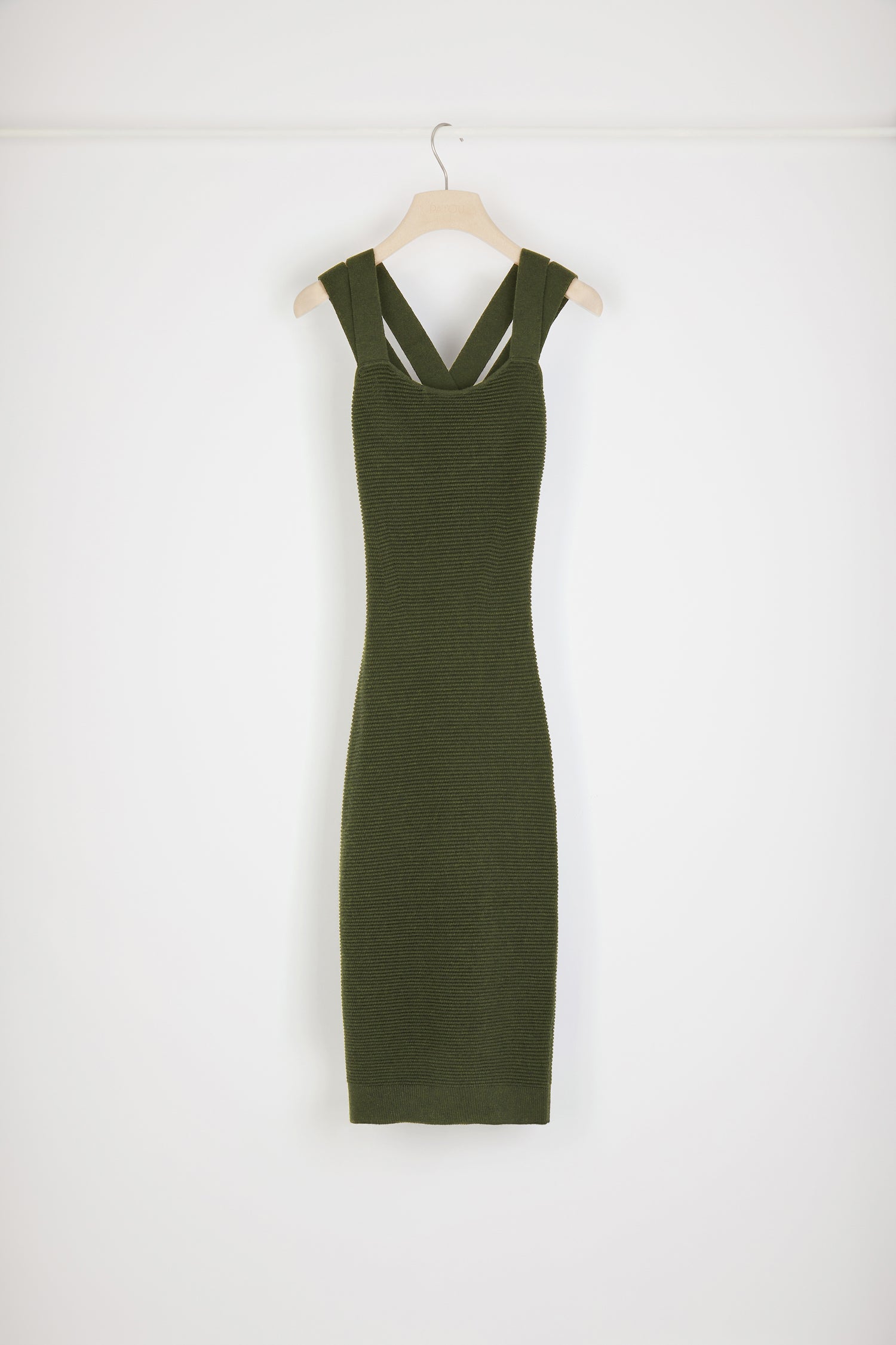 Patou KN098 robe midi kaki en laine vierge dos croisé