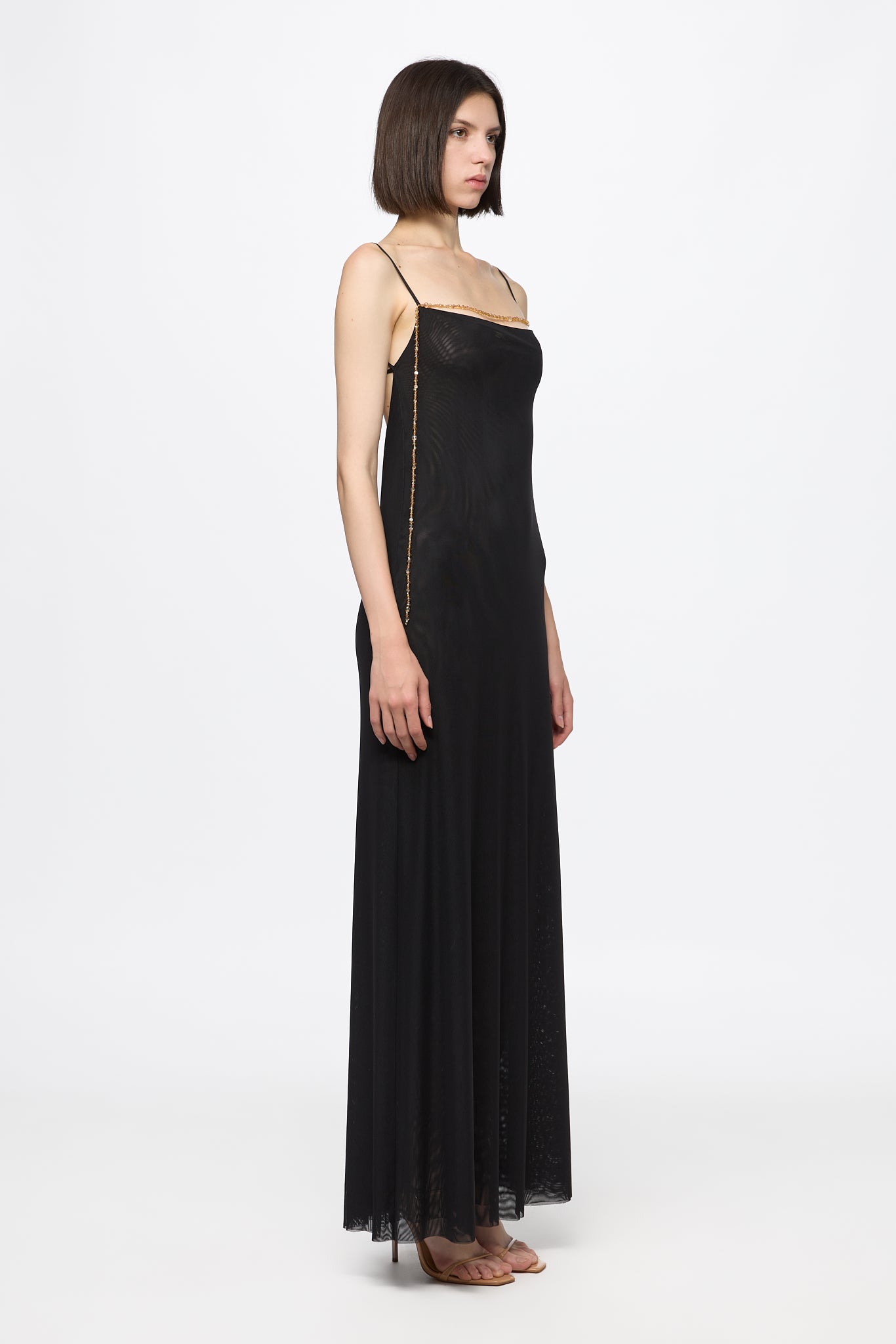 ATU Body Couture robe slip tulle longue cristaux dorés