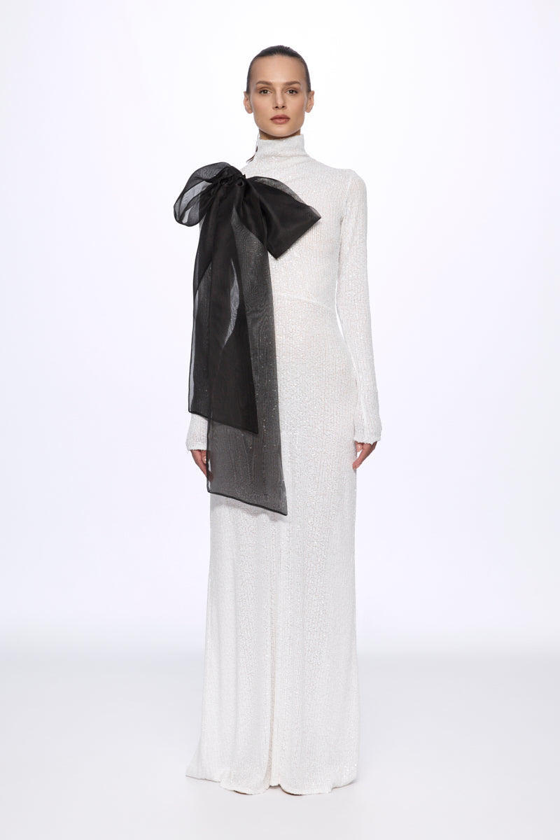 ATU Body Couture robe midi sequins blanche nœud S