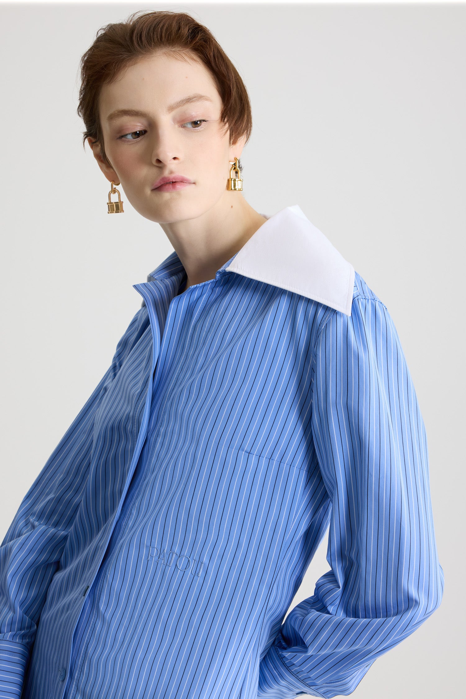 Patou BL048 Blouse Popeline Coton Bio Bleu Glace Rayé