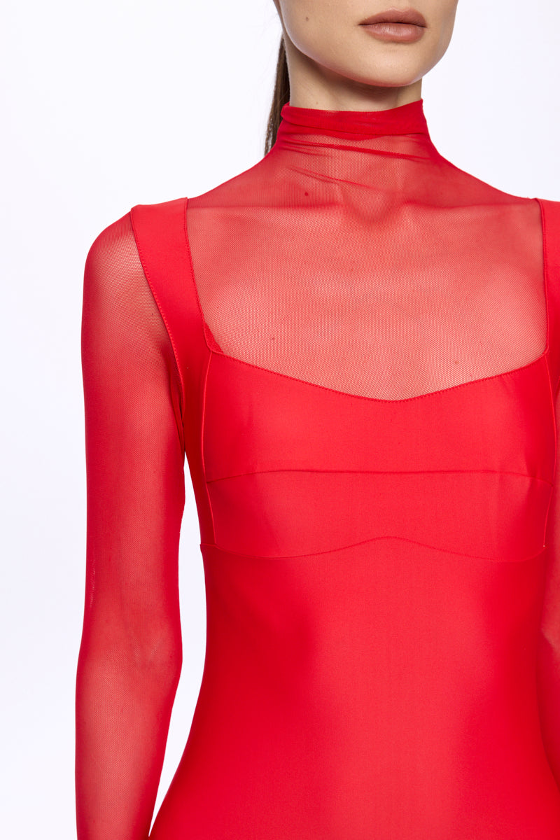 ATU Body Couture Long and formal robe maxi mesh rouge col montant