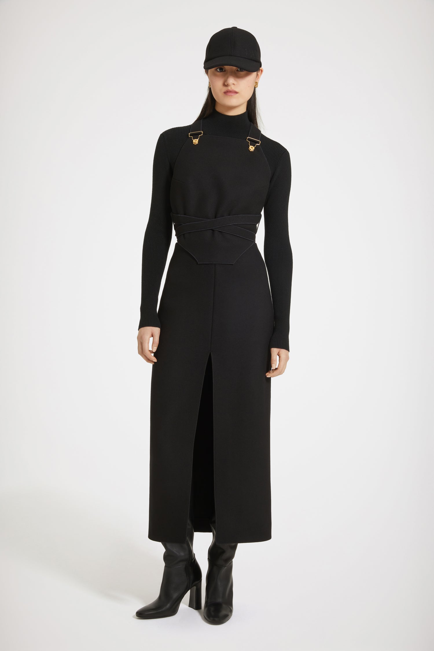 Patou SK054 jupe midi noire fendue feutrine laine