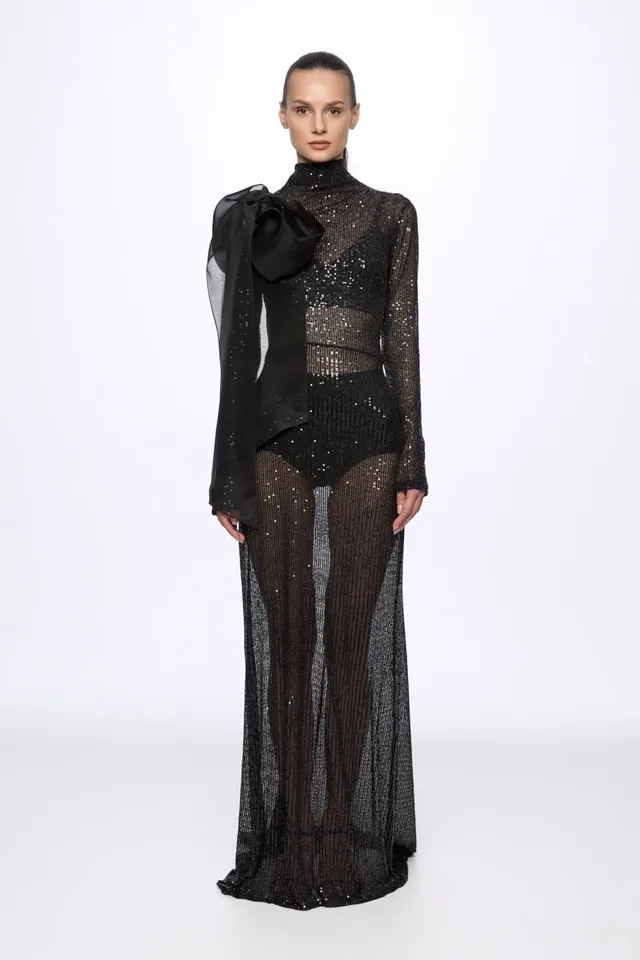 ATU Body Couture robe sequins noire midi nœud soie S