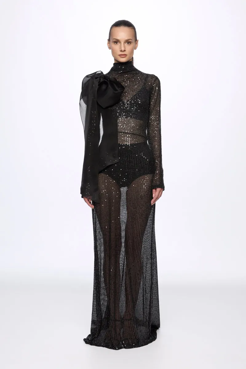 ATU Body Couture robe sequins noire midi nœud soie S