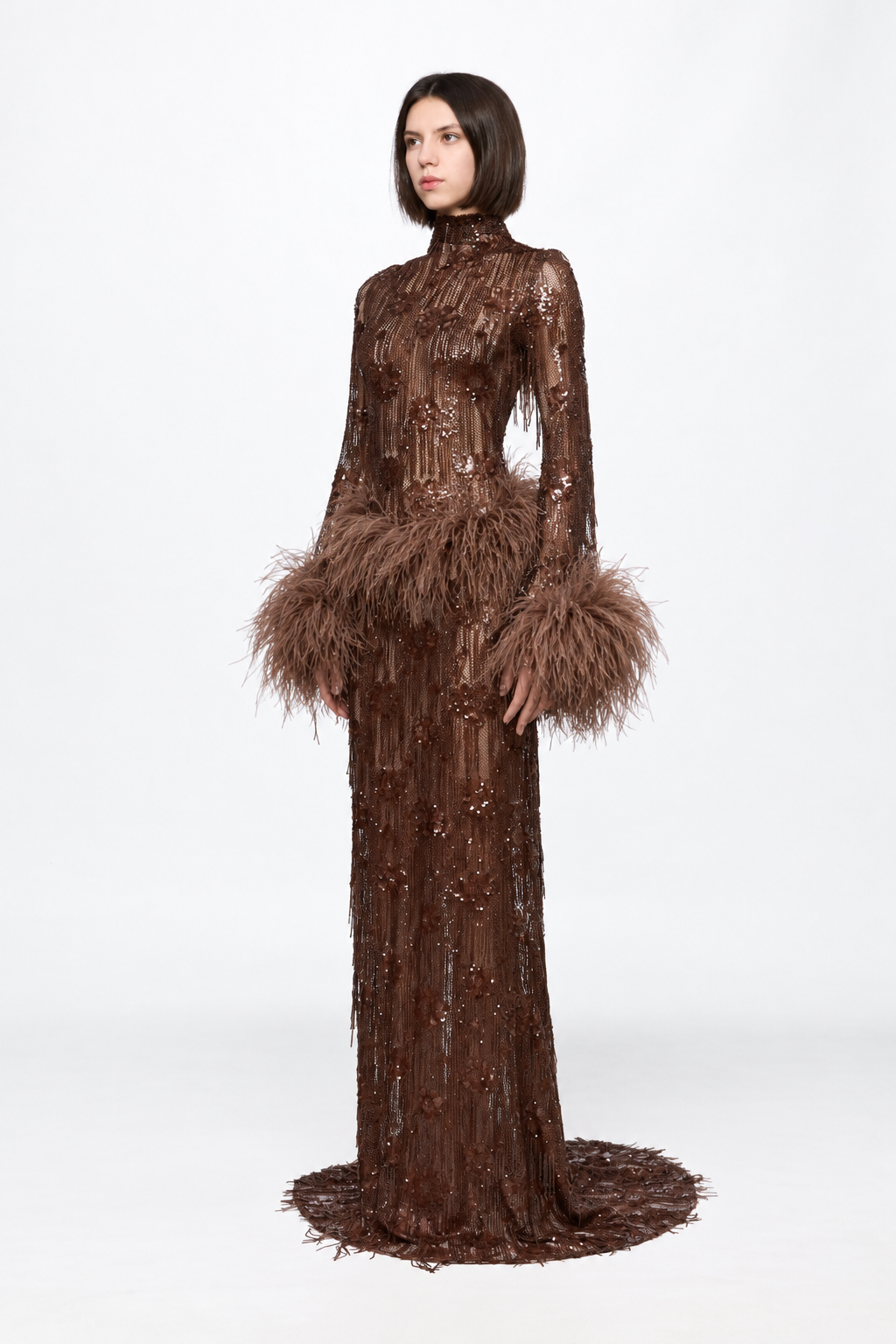 ATU Body Couture Sequins and Feathers robe chocolat plumes S