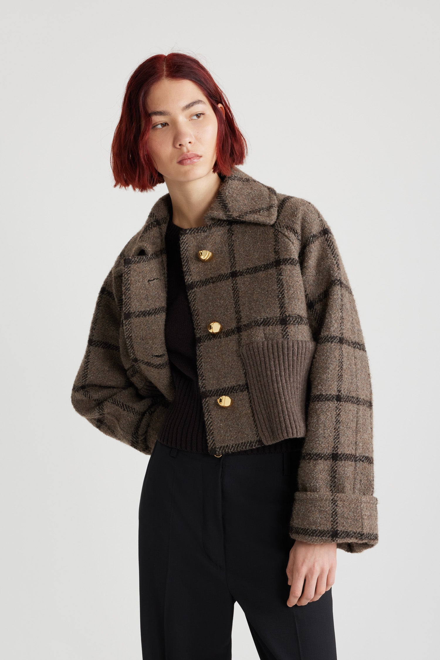 Patou Coats H24CO023 manteau gris à carreaux laine recyclée