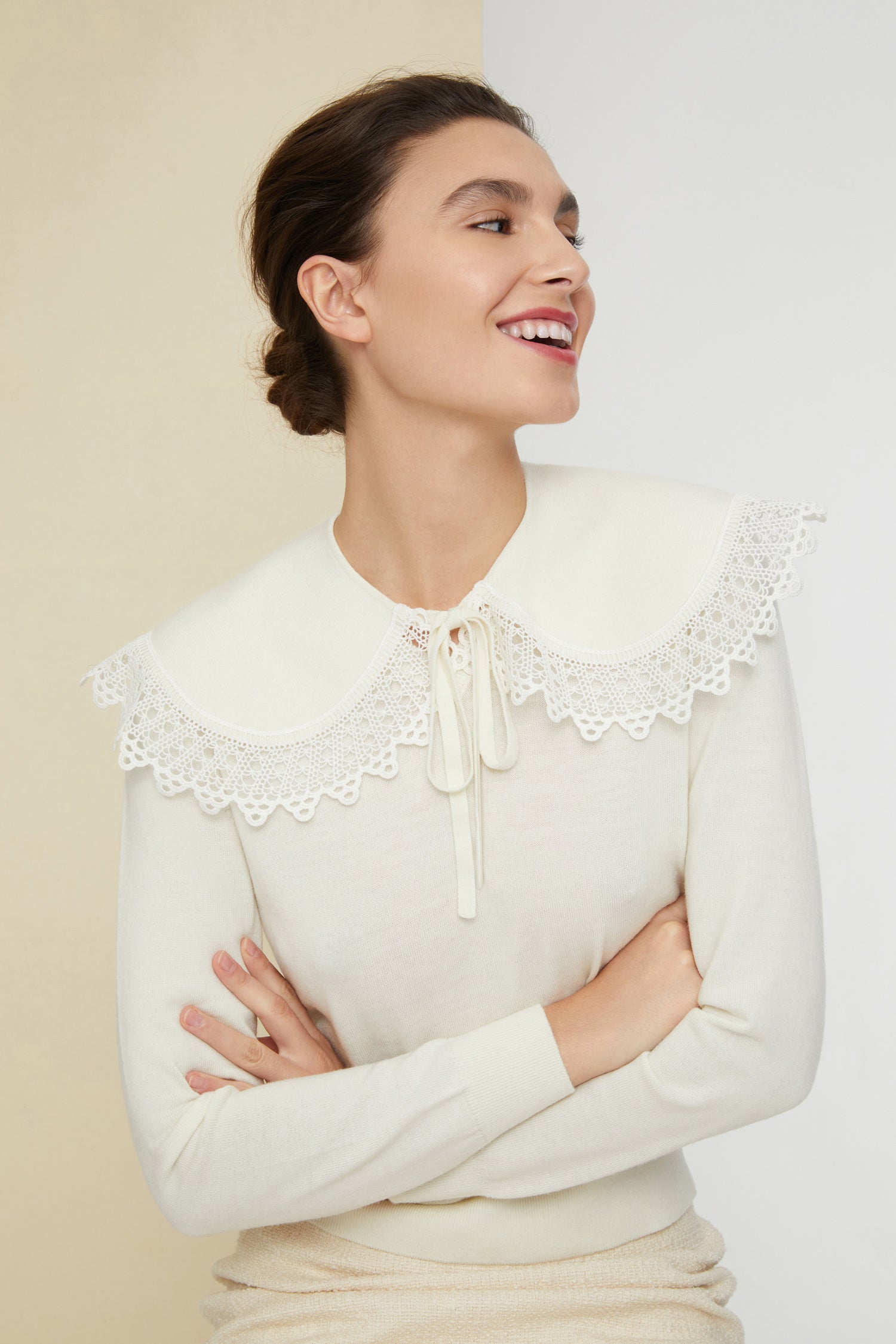 Patou KN023 Pull col crochet crème laine fine