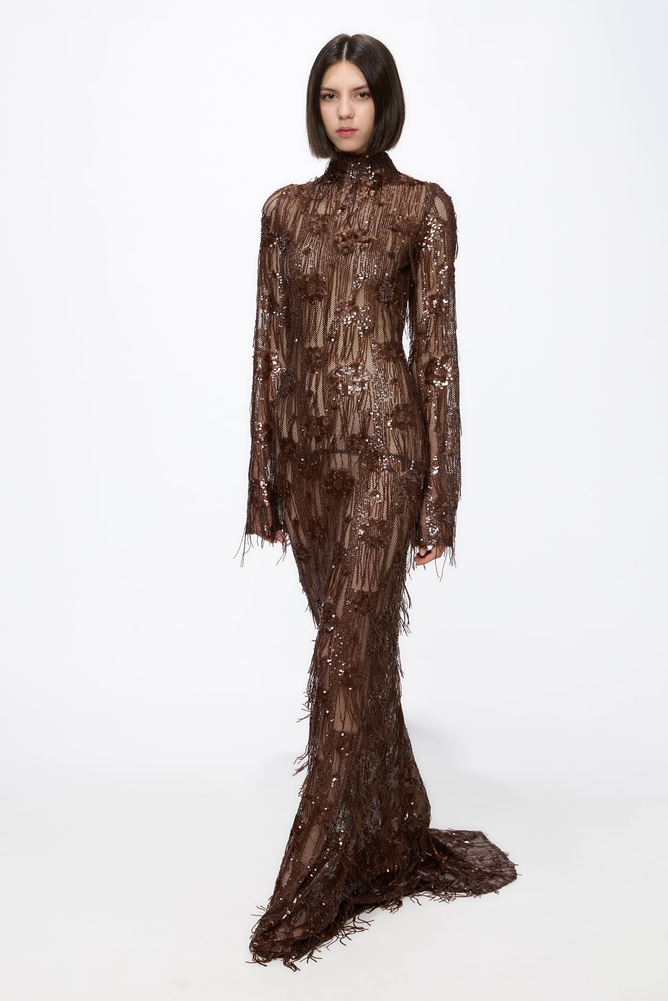 ATU Body Couture Long robe longue sequins marron chocolat S