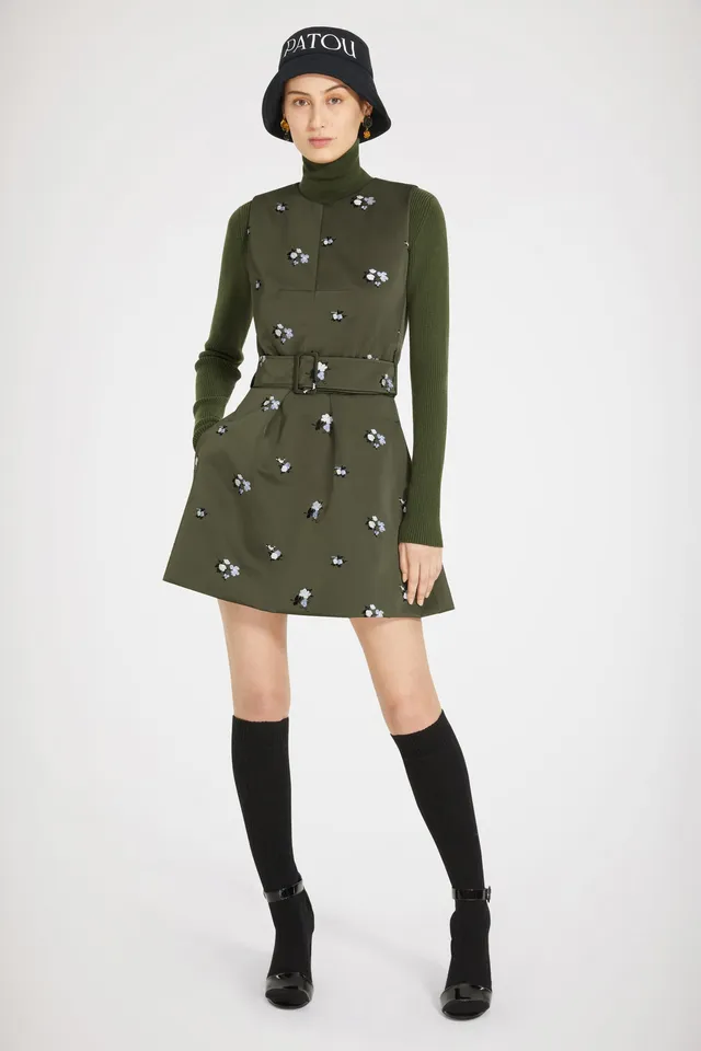 Patou DR100 robe kaki satin recyclé brodée mini
